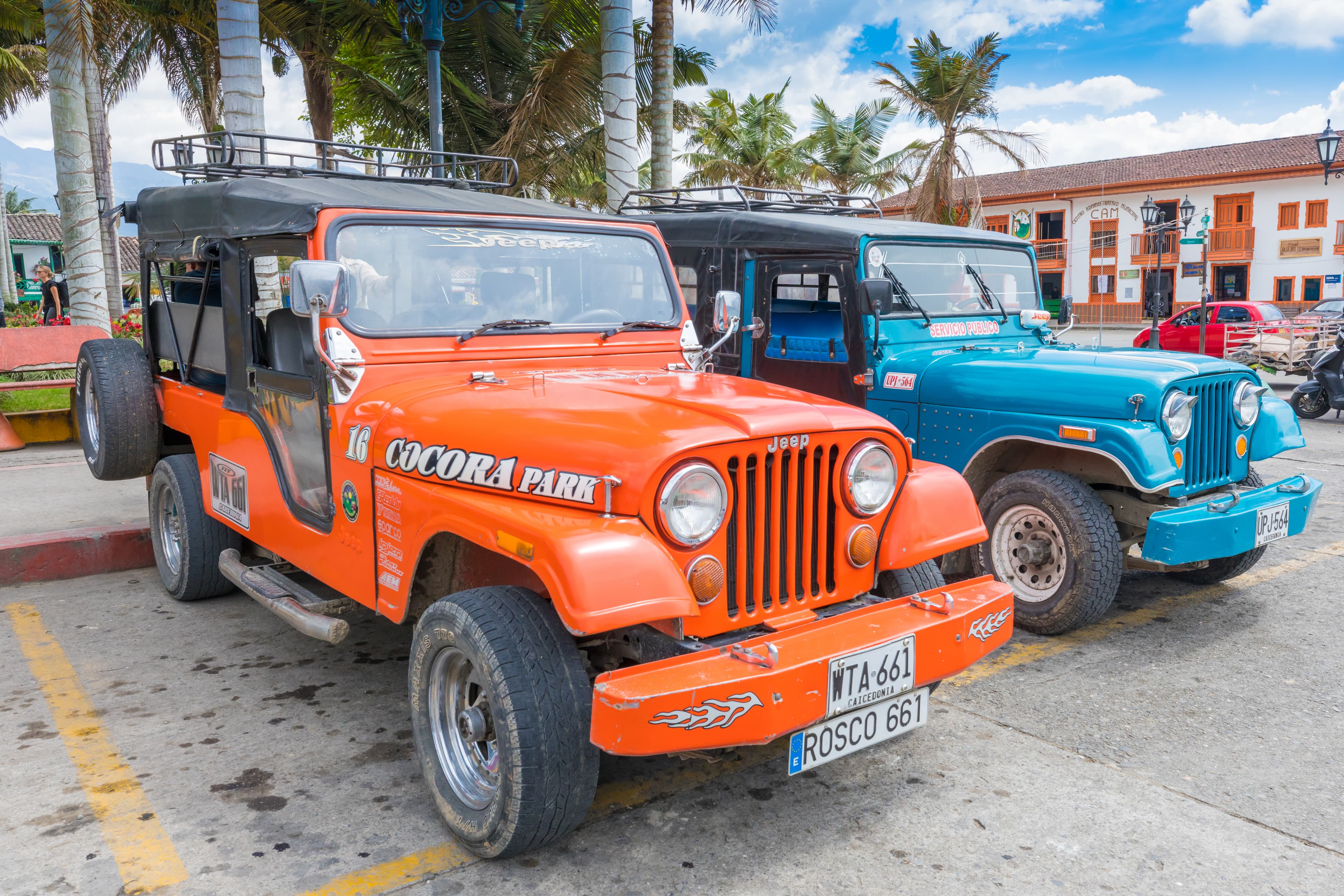 Willys jeep on mountain road in Colombia