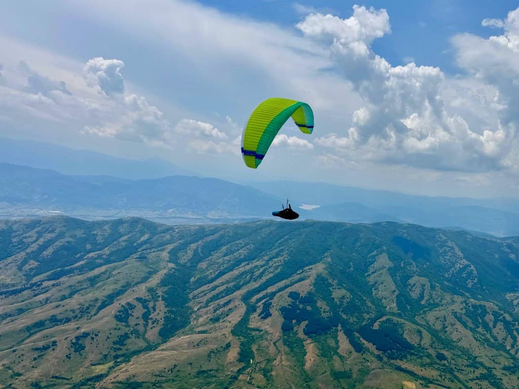 Bright wing over a patchwork of green valleys