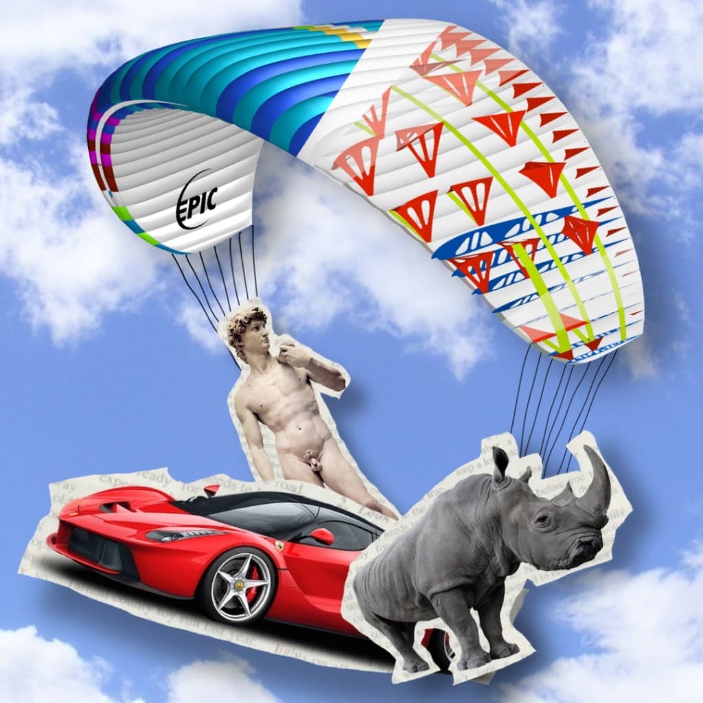 Paraglider lines strength — wing, Ferrari and rhino collage