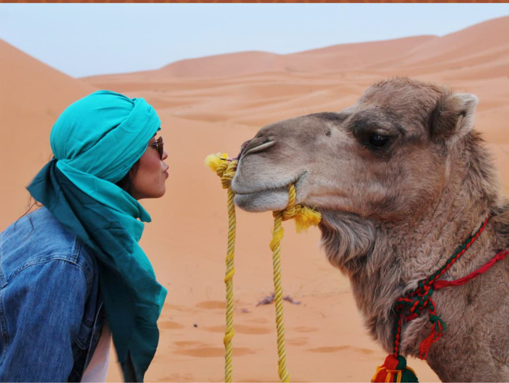 A traveler in a turquoise scarf greets a camel in the Moroccan desert